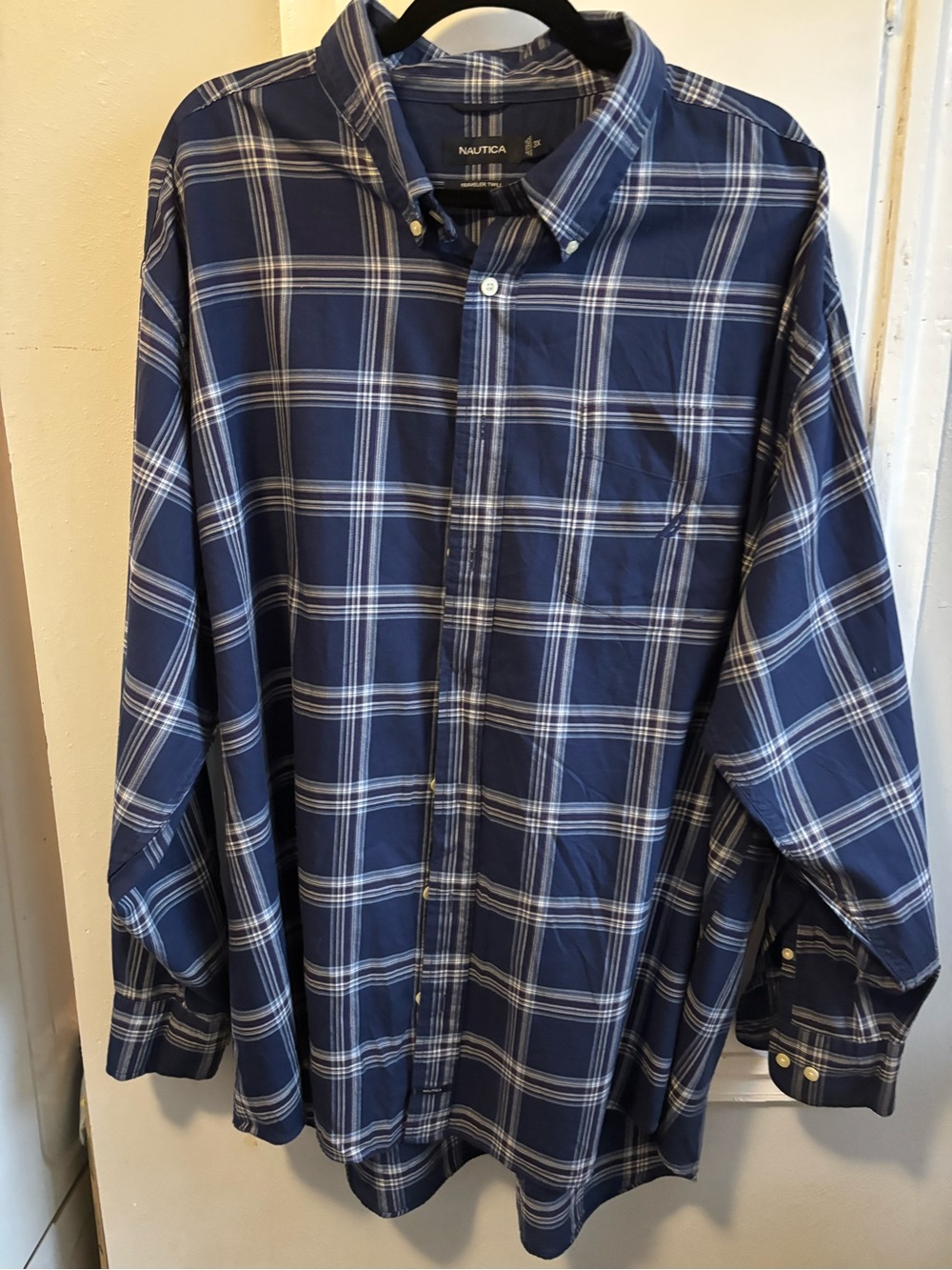 Nautica Navy and White Plaid Long-Sleeve Button-Down Shirt